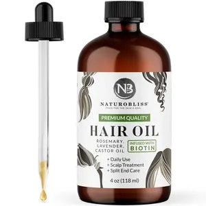 NaturoBliss Castor Rosemary Lavender Oil with Biotin | 4 fl oz Glass Bottle | Essential Oils Blend for Hair Growth, Eyelashes, Eyebrows, Skin & Scalp | Made in USA, Hexane-Free, Expeller-Pressed