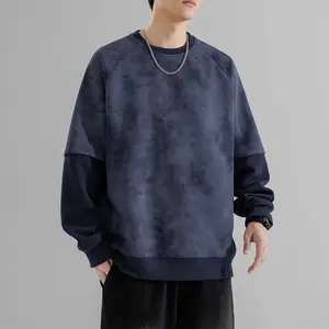 Men's Solid Color Drop Shoulder Sweatshirt, Casual Regular Fit Long Sleeve Crew Neck Pullover, Suitable for Spring and Autumn Seasons, Everyday Menswear, New Trendy Brand Tie-Dye Patchwork Sweatshirt, Heavyweight Loose Fit for Students, Teenagers, Couples