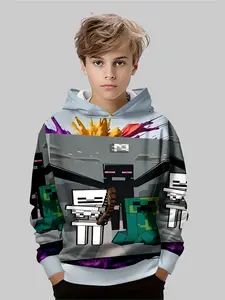 Boys' 3D Block Pattern Hooded Sports Set, Casual Fall & Winter, Comfortable Lightweight Fabric, Trendy Outdoor Wear, Athletic Top, Sports Clothing