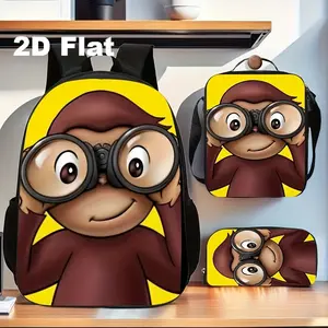 3-piece Curious Monkey Backpack Set - Features a binocular design, a spacious casual backpack, a crossbody bag, and a pencil case, suitable for cartoon enthusiasts and teenagers