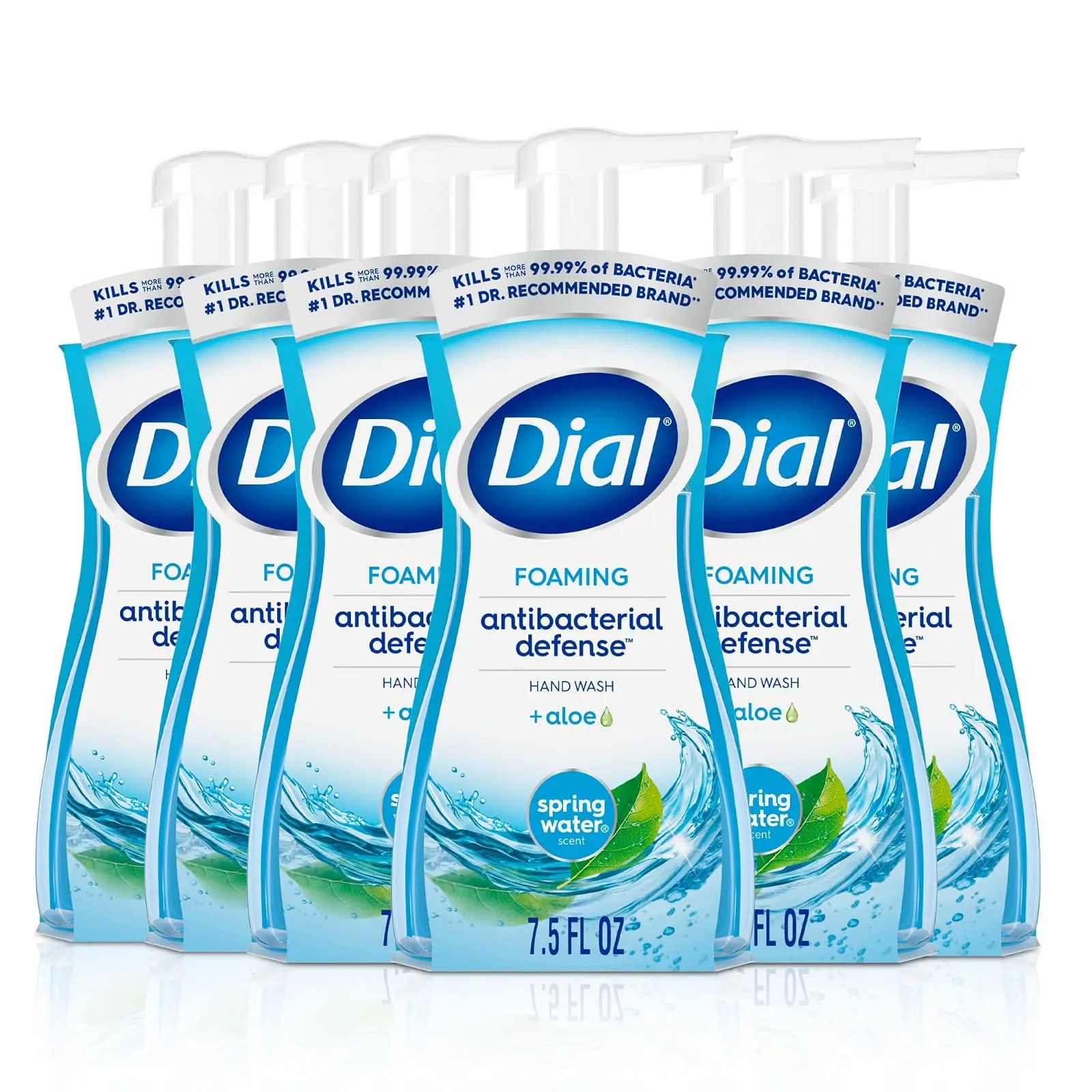 Dial Antibacterial Foaming Hand Soap, Spring Water Scent, 7.5 Fl Oz, 6-Pack | Kills 99.99% of bacteria, gentle on skin, with aloe vera, dermatologist tested, includes 6 bottles