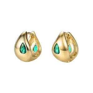 Aurem 14K Gold Plated Chunky Dome Huggie Earrings for Women, Bezel Set Pear Cut Nano Emerald Stone   Hoops, Teardrop Statement Jewelry