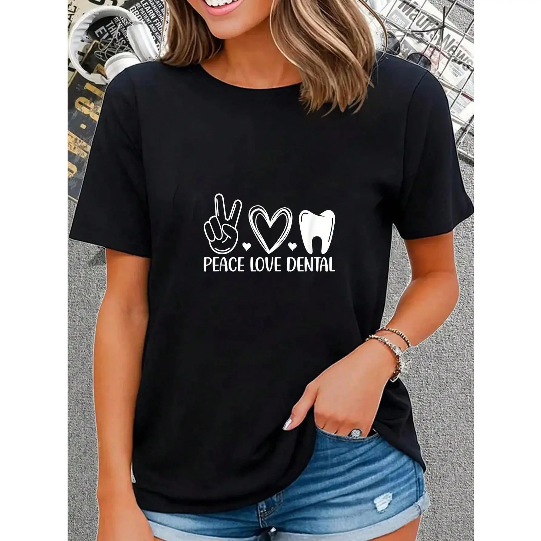 100% Cotton  Funny Dentist Peace Love Dental T-Shirt