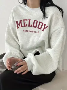 Women's "Retro 'MELODY' Letter Print" Oversized Crewneck Sweatshirt -Top with Burgundy Vintage Font Design - Trendy Casual Wear for Retro Style Fans, Daily Hangouts & Fashionable Outfits - Perfect for Those Who Love Vintage Casual Fashion & Comfy Styling