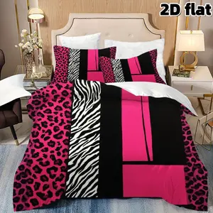 2D Flat 3Pcs Hot Pink Leopard Zebra Print Bedding Modern Animal Pattern Duvet Cover with Pillowcases Microfiber Comforter Cover Trendy Fashion Bedroom Decor for Teen Girls Women Home Decoration