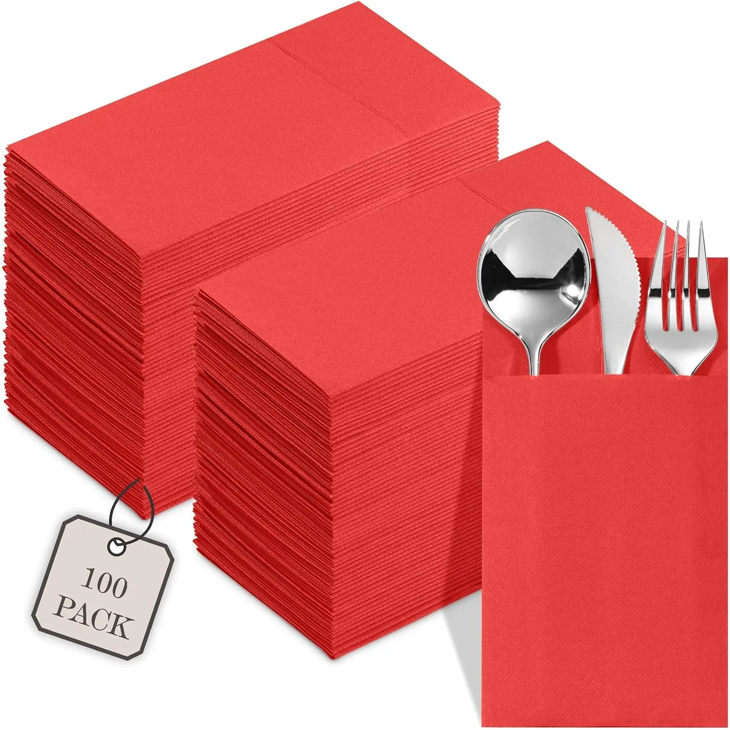 100-Pack Disposable Napkins With Pocket For Flatware, Red Napkins Paper For Christmas, Wedding, Dinner Or Party, Built-In Pocket For Silverware, Prefolded
