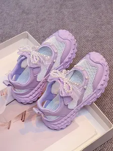 Girls' Sweet Princess Style Sandals, Summer 2026 New Pearl Butterfly Decor, Soft Sole Anti-Slip Magic Tape Shoes, Beach School Shoes