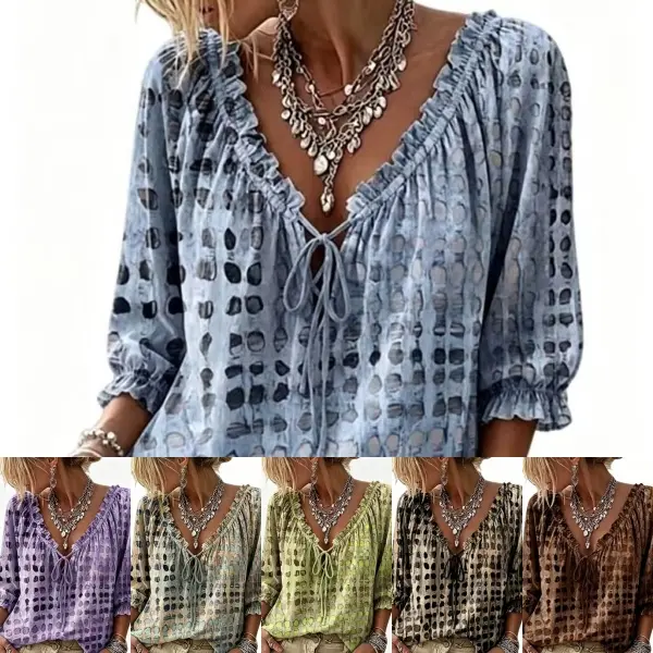 2026 New Fashion V-Neck Drawstring Print Blouse for Women  Loose Fit 3/4 Sleeve Boho Floral Top Tie-Front Bohemian Casual Shirt