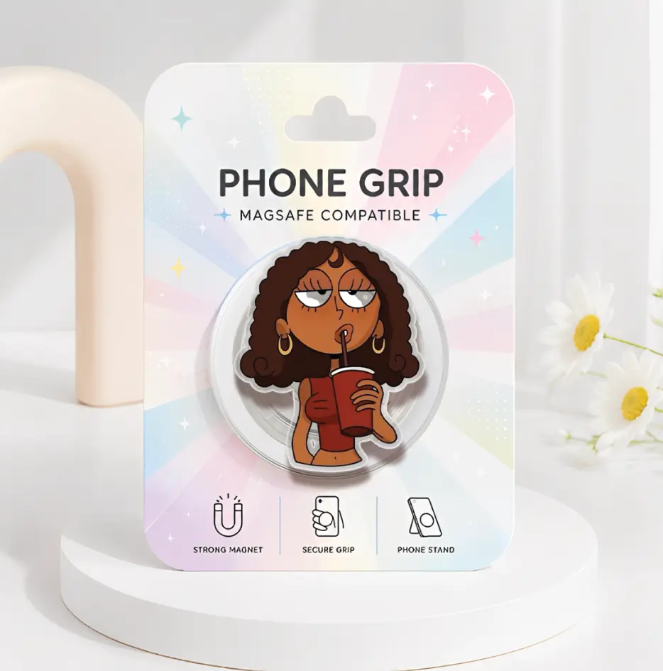 Nonchalant Afro Girl MagSafe Phone Grip, Chill Vibe Drinks Magnetic Phone Holder, Black Girl Acrylic Kindle Grip, Melanin Queen Pop Socket, Gift for Girls