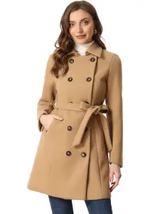 INSPIRE CHIC Winter Lapel Belted Outwear Double Breasted Mid Long Pea Overcoat