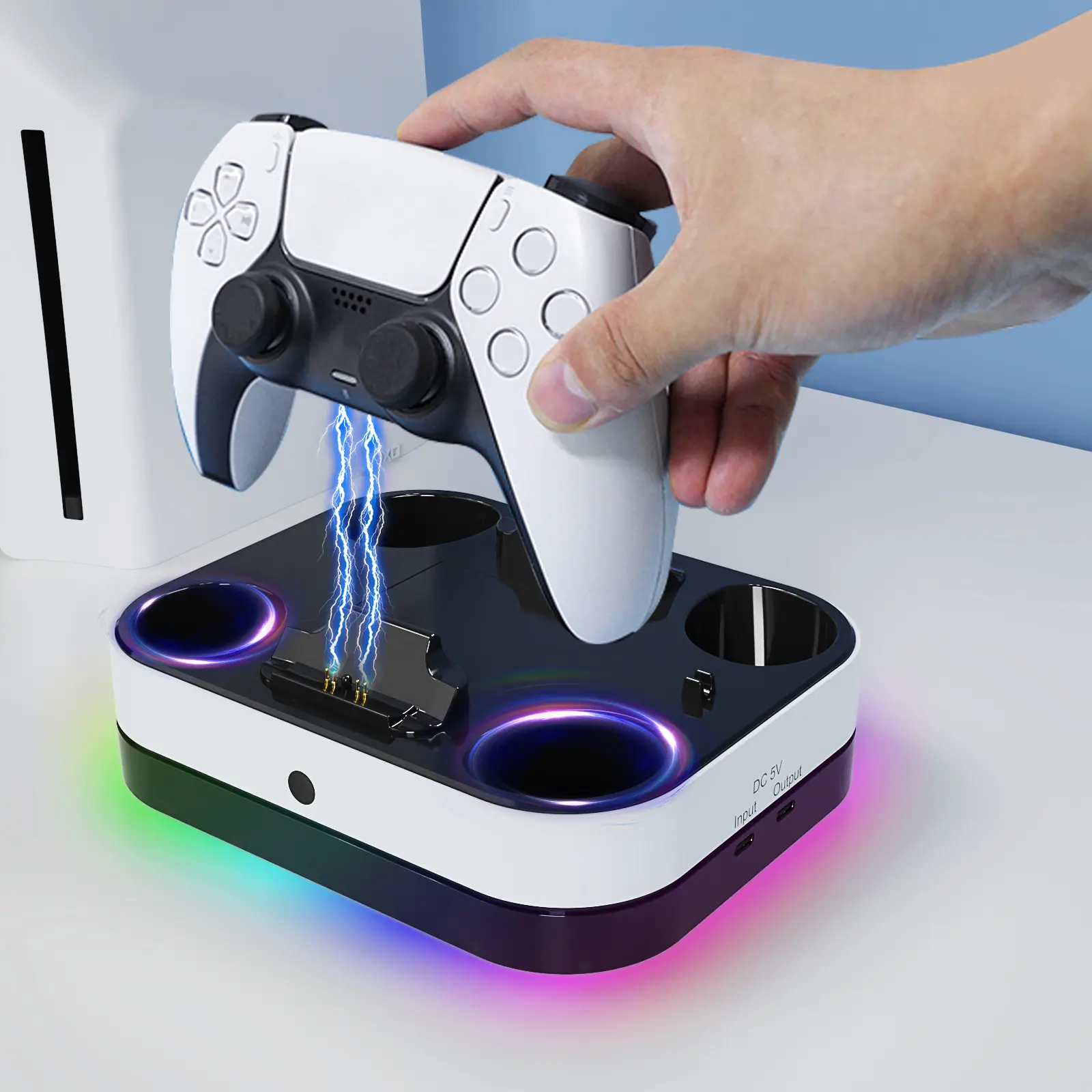 P5 controller charging station, fast charging cradle stand with cable, dual-controller charging station for Playstation 5 and DualSense Edge controller, with RGB lights, Controller Charge Station, Game Console Accessories