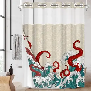 1pc Japanese Ukiyo-E Octopus Wave Dual-Layer Shower Curtain, Polyester, Mold-Resistant, Waterproof, Ideal for Bathroom, RV, Home Room