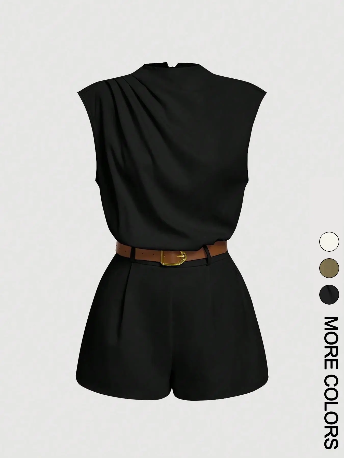 Women's Sleeveless Fitted Jumpsuit High Neck One-Side Pleated Gathered Top, Wide Leg Shorts with Belt Included, Casual Basic Everyday Summer Womenswear