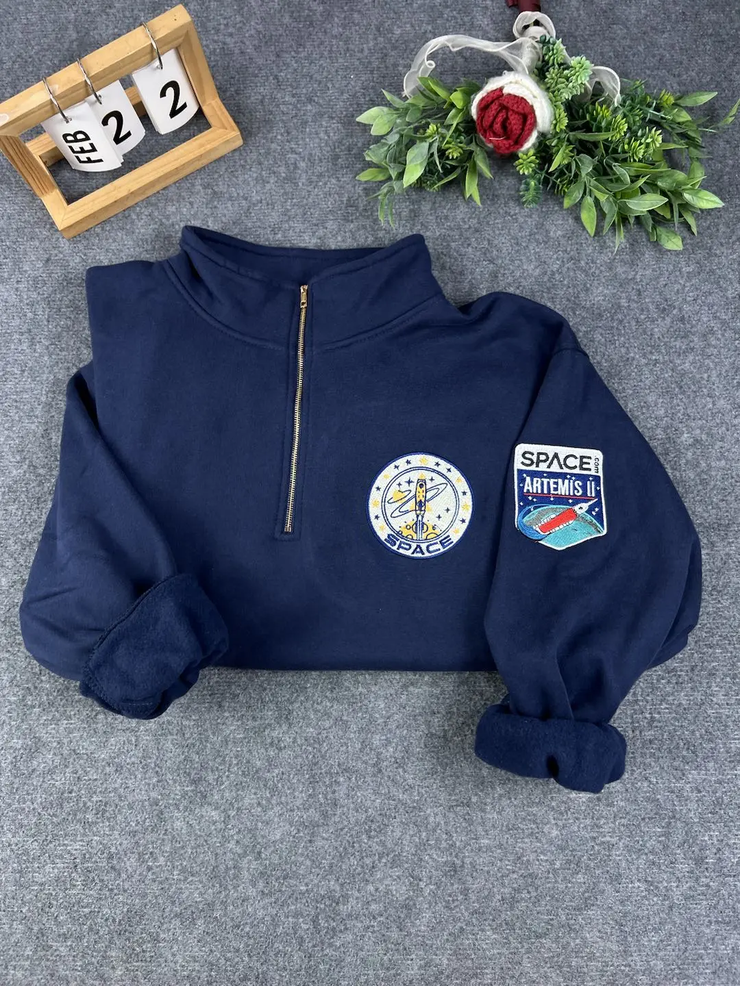 Artemis II Mission Embroidered Quarter Zip, Space Enthusiast Pullover, Astronaut Sweatshirt, NASA 1/4 Zip Sweater, Space Lover Gift