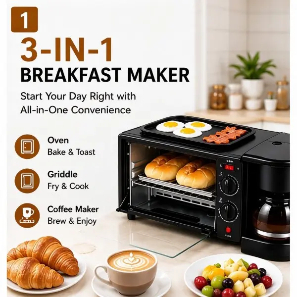 [3-in-1 Breakfast Machine] Convection Oven, Drip Coffee Maker, Non-Stick Griddle. With hot air circulation, you can bake bread, meat, and desserts; use the griddle to fry eggs and meat; brew coffee.