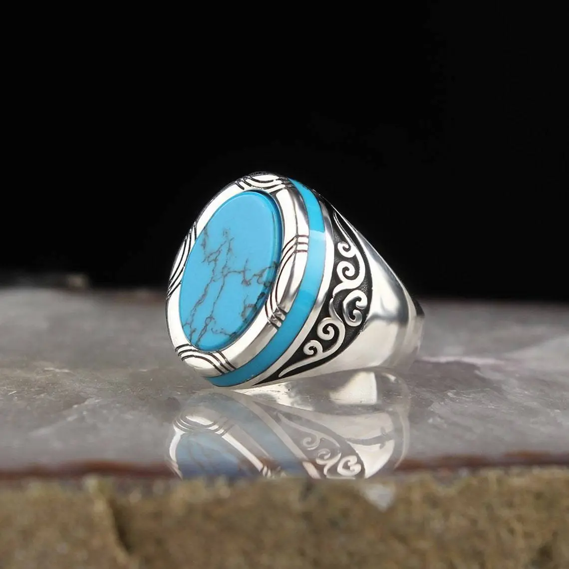 Punk turquoise men's ring