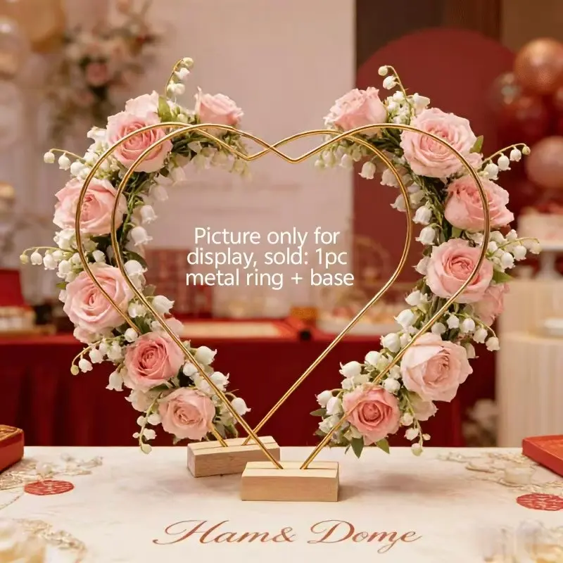 11.81 Inch Gold Heart Wreath Stand With Base Metal Ring Table Decorative Centerpiece Elegant Flower Display Holder For Wedding Bridal Shower Anniversary Birthday Valentine Home DIY Decor