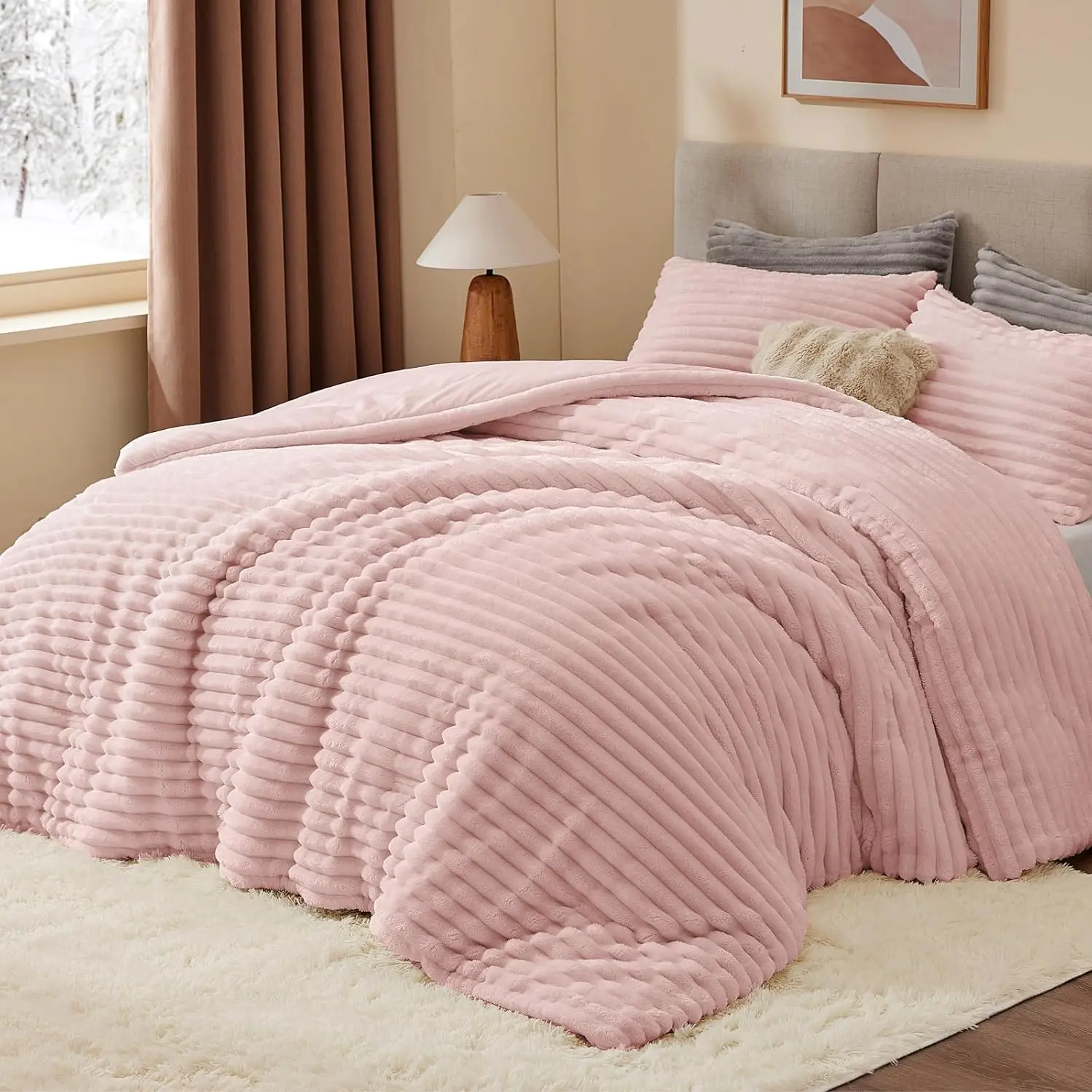 Queen | Pink Ultra-Soft Fleece Comforter Set - Warm Luxury Faux Fur Bedding for Winter | Premium Quality, Easy Care, Cat-Like Snuggle Experience (2 Pillow Cases Included)