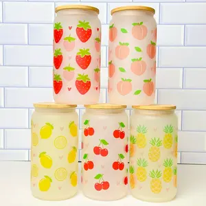 Fruit Glass Cup with lid and straw, Pineapple glass tumbler, Cherry, lemons, Peach