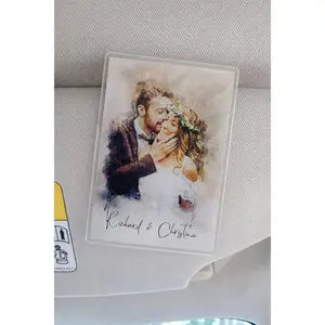 Personalized Photo Watercolor Couple Portrait Car Visor Clip - Romantic Drive Safe Gift, Unique Couples Keepsake, Car Photo Frame