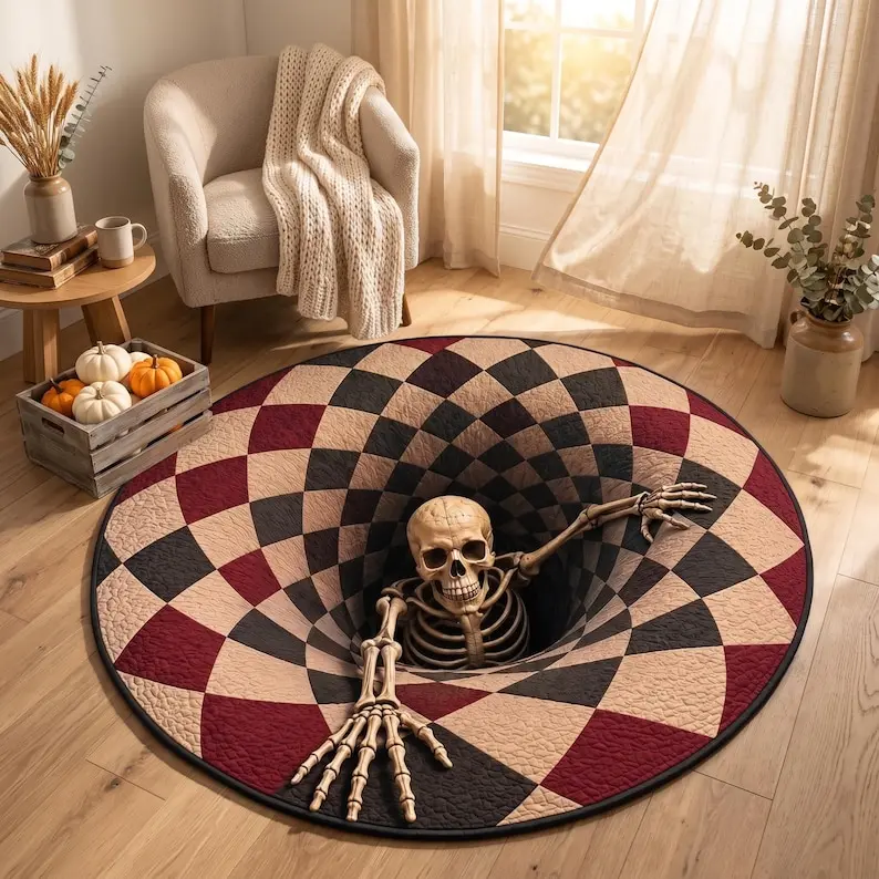 Gothic Halloween 3D Illusion Round Area Rug Spooky Skeleton Vortex Checkerboard Floor Mat Ultra Soft Non-Slip Carpet Play Mat Cool Gothic Room Decor Halloween Gift