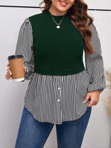 【plus size】 colorblock 2 in 1 bishop sleeve blouse, casual long sleeve  top for spring & fall, women's clothes for daily wear