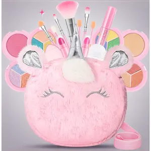 Washable & Non-Toxic Makeup Kit for Girls: 17Pcs Unicorn Vanity Set with Purse. Real Kids Makeup Toy for Ages 3-10, Perfect Birthday or Easter Gift. Complete Play Pretend Set (Pink)