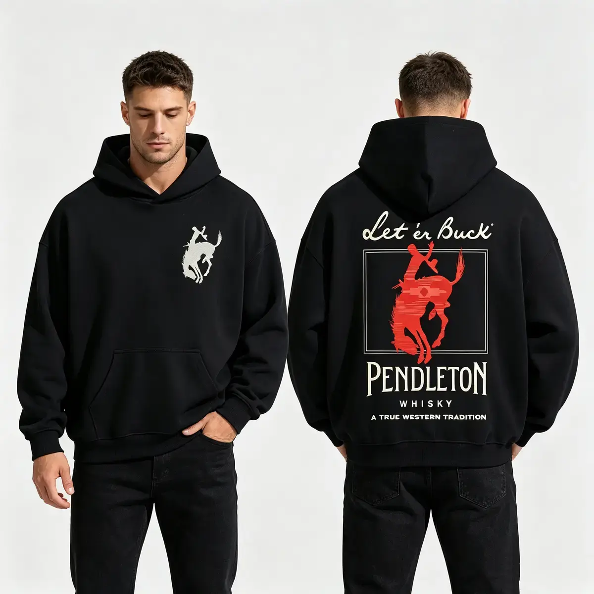 Unisex Pendleton Whisky Western Graphic Pullover Hoodie Cowboy Bucking Horse Print Oversized Streetwear Sweatshirt With Kangaroo Pocket Drawstring Hood For Men Women Casual Daily Wear Themed Events