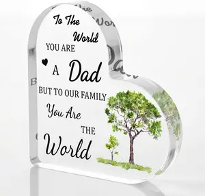 Father's Day Heart-Shaped Acrylic Tabletop Decor "You Are the World" Family Quote Desktop Plaque with Tree Design Indoor Home & Office Decor Dad Gift