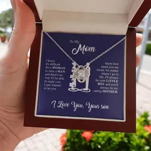 Gift for Mom from Son - Love Knot Necklace in LED Wooden Box | Meaningful Mother's Day Jewelry 2026 | Sentimental Message Card Thoughtful Durable