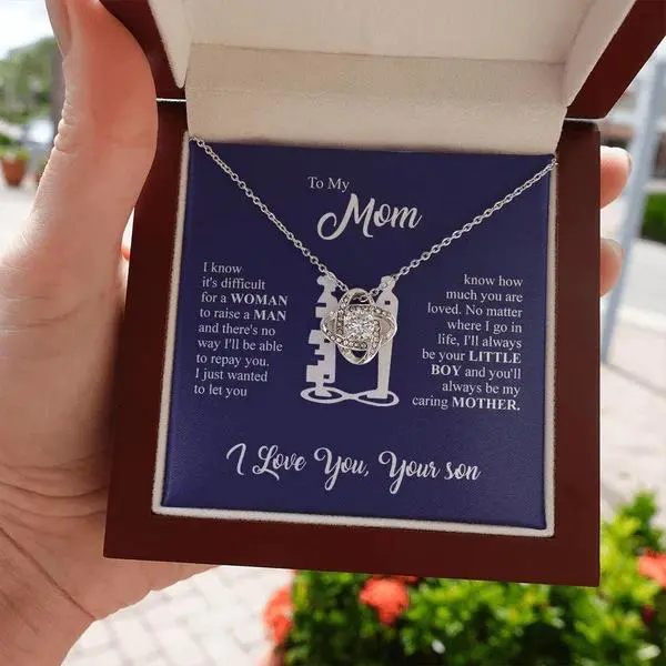 Love Knot Necklace - Elegant Personalized Sentimental Necklaces for Mom from Son, LED Wooden Box, 2026 Mother's Day Jewelry, Thoughtful Durable with Meaningful Message Card, Elegant Personalized Necklace
