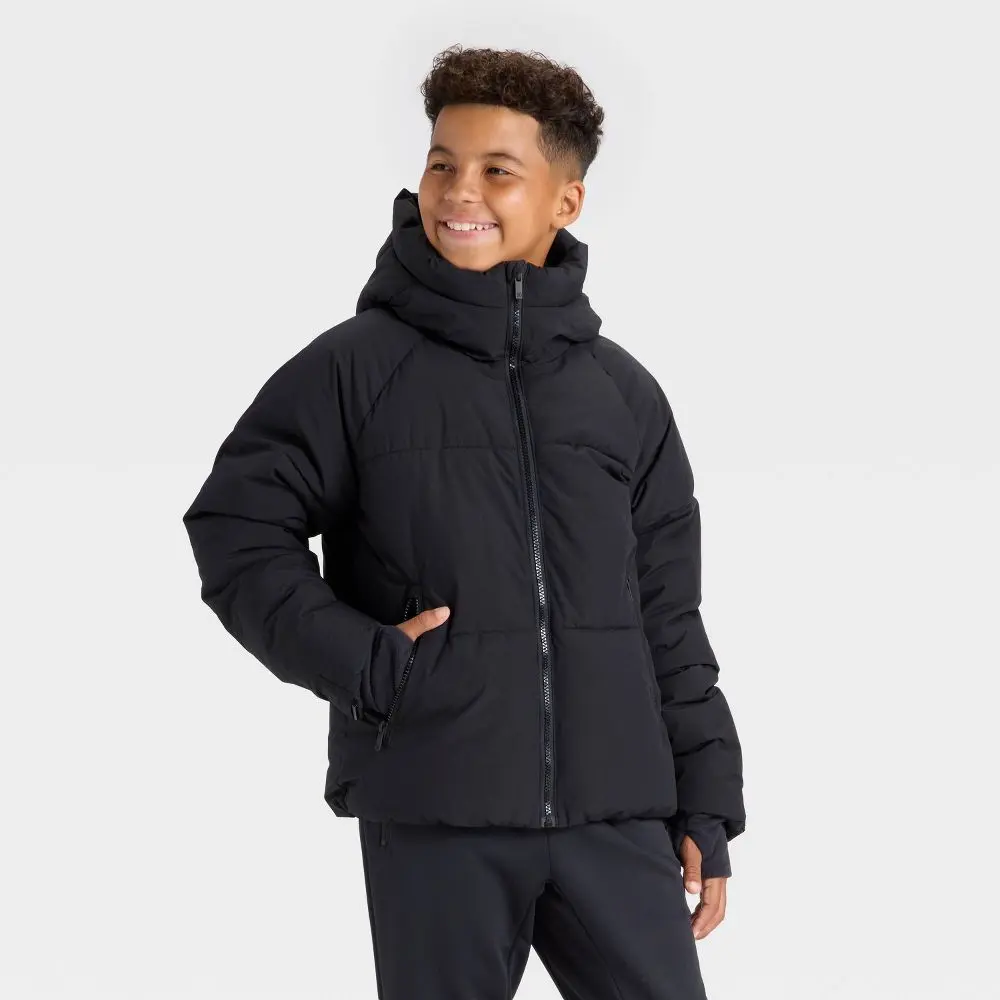 Boys' Puffer Hooded Jacket - All In Motion, Outerwear Coats, Long Sleeve Zipper Front, Casual Comfy, Channel-Stitched Quilting