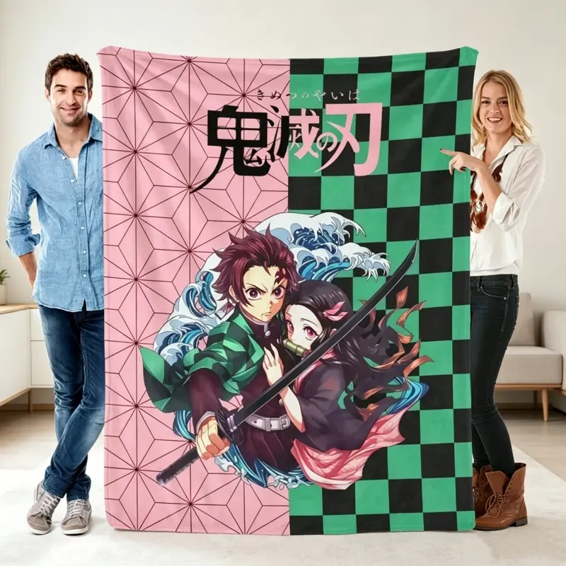 Demon Slayer Kimetsu No Yaiba Tanjiro Nezuko Throw Blanket, Anime Checkerboard Pattern Flannel Fleece Blanket, Soft Lightweight Bed Sofa Travel Decorative Blanket Gift for Anime Fans