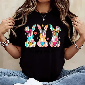 Spring Holiday White Crewneck T Shirt Featuring Easter Bunny Pattern And Happy Easter Printed Text