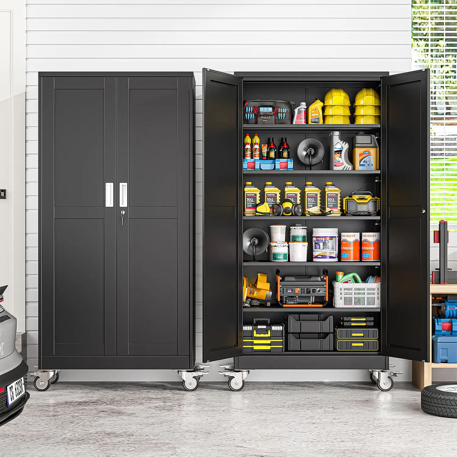 73.6" Metal Garage Storage Cabinet with Wheels and Lock, Heavy Duty Rolling Tool Cabinet with 5 Adjustable Shelves – Steel Lockable File Cabinet for Home Office, Gym, School, Workshop