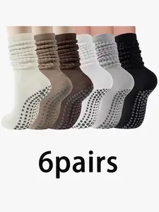 6pairs Women's casual yoga tube socks with silicone anti slip Pilates socks at the bottom, high-end sense, solid color, extended stacking socks, Slouch Socks, Sports Fit Socks
