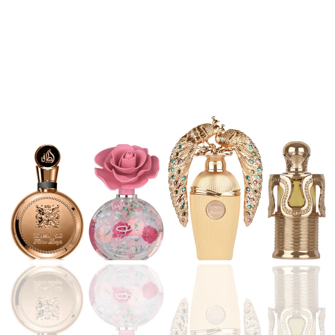 Lattafa 4-Scent Unisex Perfume Sampler Set - Non-Toxic Bundle with Fakhar Lattafa Extrait, Layaan, Afeef, Maitha, Rich Aroma, Bottle-Shaped, Concentrate, Flavored, Peach-Flavored, Aromatic Fragrances, Bottle-Shaped Unisex Fragrance, Concentrate Unisex Fra