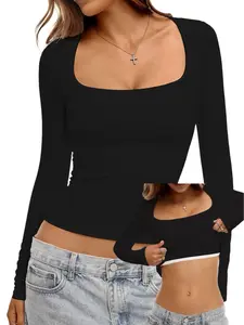 Danysu Double Lined Long Sleeve Tops with Built in Bra for Women Square Neck Nylon Basic Fitted Fall Shirts 2025
