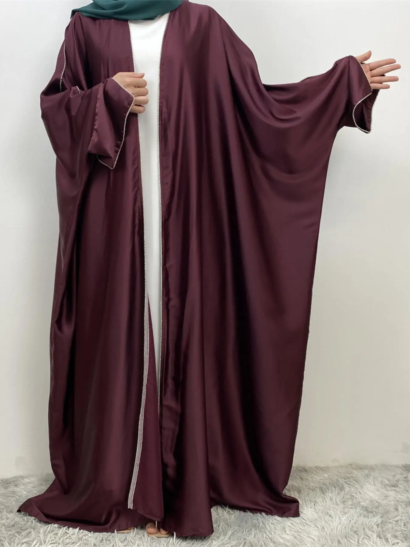 Women's Solid Color Batwing Sleeve Open Front Abaya, Modest Casual Long Sleeve Satin Abaya for Daily Wear, Ladies Islamic Clothing for All Seasons