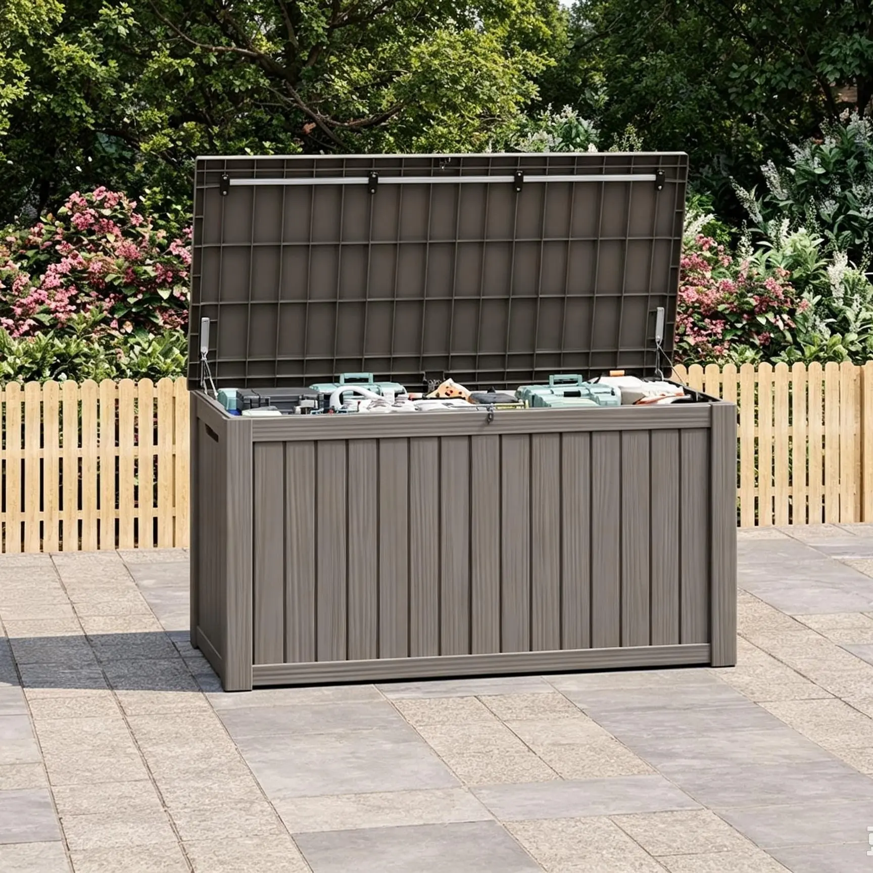 RIWENGO 150Gallon Outdoor Deck Storage Box, Lockable UV Protection Container for Patio, Garden & Backyard