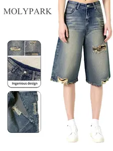 Women's Comfortable Denim Shorts, Mid-Waist Loose Fit, Front & Back Pockets, Vintage Cement Blue, Summer Streetwear Essential