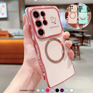 MagSafe Case For Samsung Galaxy S26 Ultra S25 S24 S23 Plus for Women ， Soft Cute Wave Frame Curly Shape Love Heart Luxury Plating Phone Case Compatible with MagSafe Shockproof Back Cover
