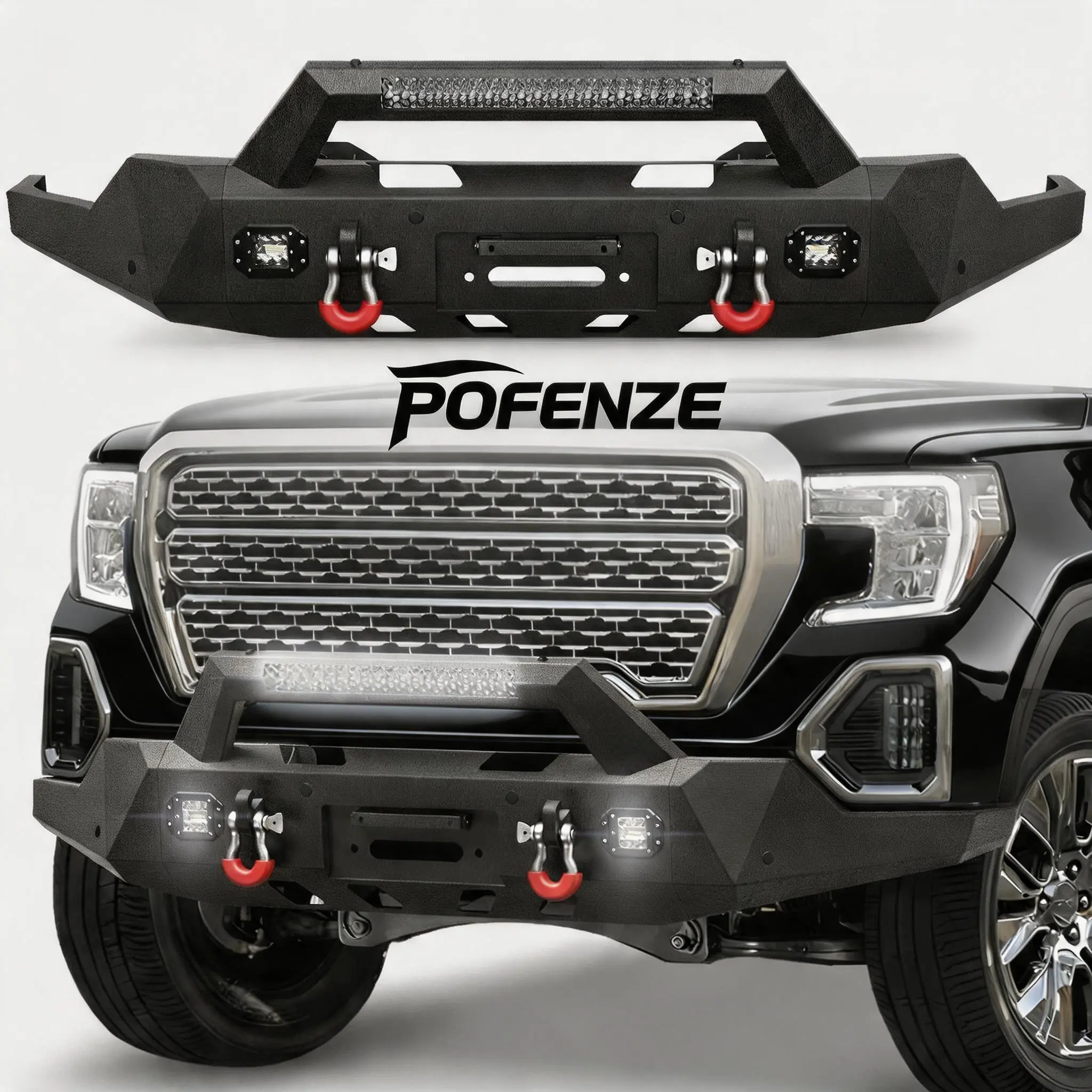 POFENZE-NADIA Front Bumper for 2019-2022 GMC Sierra 1500 (2019 Excludes Limited, 2022 Only Fits Limited) - Black Pickup Truck Bumper with Winch Plate, D-Rings & Lights, Auto Body Replacement Part fck bars, Enhances Appearance rigid industries, Improves Vi