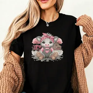 Cute Highland Cow Graphic Tee Women Oversized Coquette Aesthetic Pink Leopard Bandana Top Farmcore Country Girl Gift- KT0455