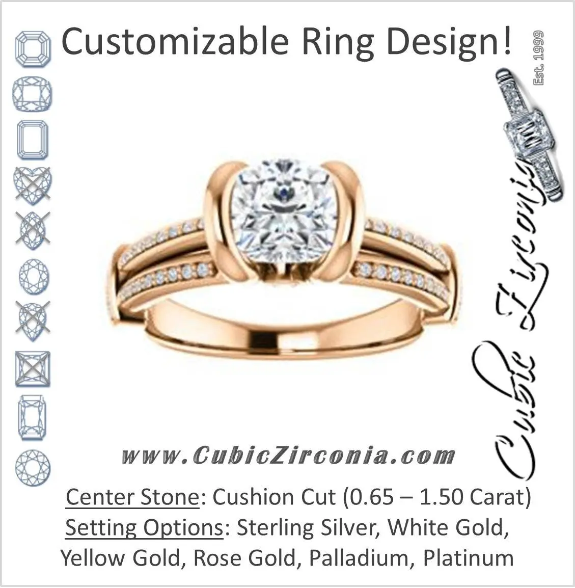 Cubic Zirconia Engagement Ring- The Kinsley (Customizable Cushion Cut with Split Pavé Band & Peekaboo Accents)