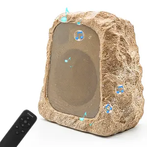 Summerwins BlitzRock Aesthetic Outdoor Waterproof Solar-Powered Wireless Rock Speakers - 30W(60W Paired) Hi-Fi Sound Audio, 7-Color LED Lights, Remote Control, 100-Pc Multi-Sync, Sandstone, Easy Install, Home Tech for Patio Pool, Parties