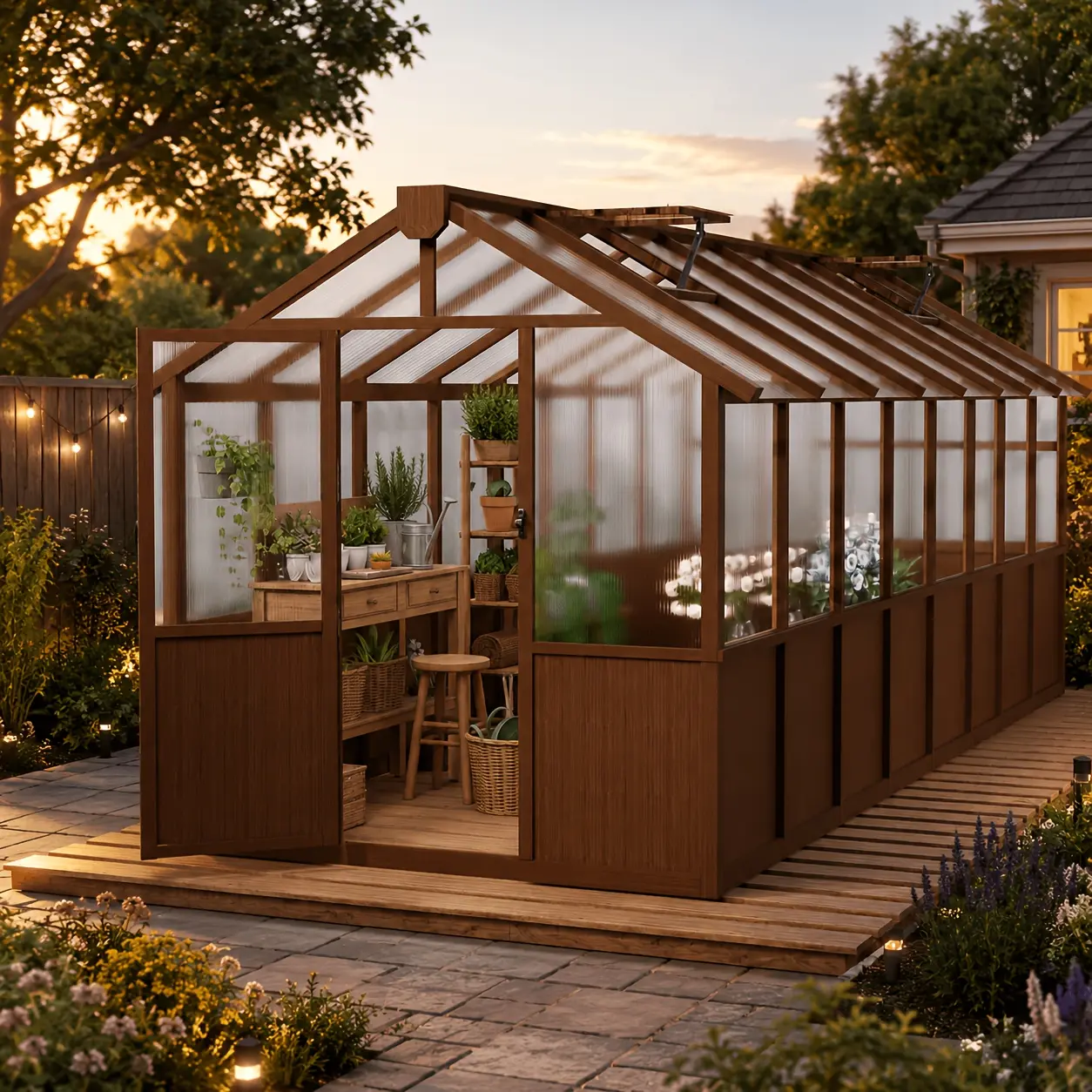 8x16ft Wooden Garden House for Plants, Natural Wood Walk-in Plant Growing House with Polycarbonate Panels, Heavy Duty Outdoor Plant Shelter for Yard, Patio, And Backyard, Garden Houses