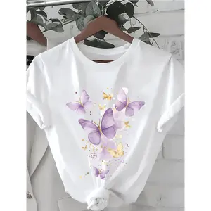 Shiny Purple Butterfly Pattern Print Fashion Casual Short Sleeve, Summer Fit Style, Round Neck Women's Cheap Affordable T-Shirt