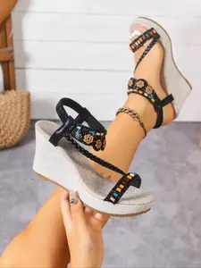 Boho Beaded Wedge Sandals for Women, Summer Knitted Open Toe Thick Sole Slip-Ons, Fashion Trendy Casual Shoes