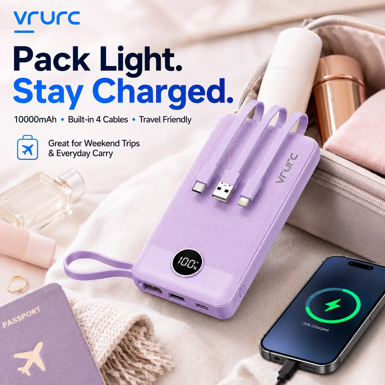 VRURC 10000mAh Portable Power Bank with 4 Built-in Cables, Battery Pack with LED Display, USB-C & Micro USB Rechargeable, Travel Charger for iPhone, Android, iPad, Tablet, Earbuds  #Summervibes